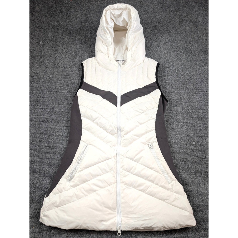 Blanc Noir Elongated Puffer Vest M White Charcoal Down Hooded Ski Bunny Winter